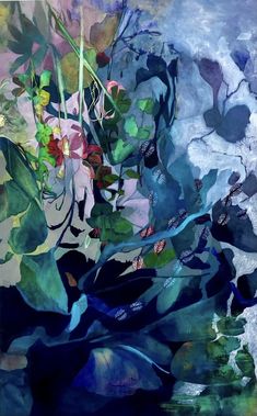 an abstract painting with leaves and flowers in blue, green, pink and white colors