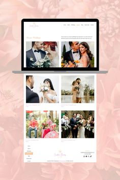 the wedding website is displayed on an open laptop computer, with pink flowers in the background