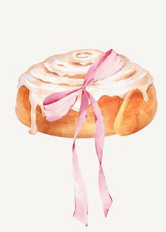 a watercolor painting of a cake with icing and pink ribbon on it's top