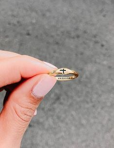 This sweet ring is a perfect reminder of a promise to God, whatever it means for you in this season of your life. It is super simple, and not too bulky. I love the engraved lettering inside "promise". Click the link above to shop! Elevated Faith, Cute Promise Rings, Christian Accessories, Gold Promise Ring, Purity Ring, Christian Bracelets, Preppy Jewelry, Ayat Alkitab, Gold Promise Rings