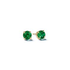 A pair of round brilliant cut emerald stud earrings handcrafted in 18 karat gold. Emerald Studs, Emerald Stud Earrings, Emerald Earrings Studs, Gold Earring, Round Brilliant, Emerald, Yellow Gold, Stud Earrings, Gold