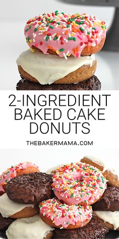 two ingredient baked cake donuts with white frosting and sprinkles on top