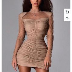 A Beautiful Nude Dress With Sheer Overlay And Sheer Sleeves Fitted Mini Dress With Sheer Sleeves For Casual Wear, Fitted Mini Mesh Dress For Fall, Fall Cocktail Mini Dress With Sheer Details, Chic Fitted Mesh Dress For Party Season, Ruched Long Sleeve Mesh Dress For Date Night, Sheer Mini Dress For Party Season, Fitted Sheer Mini Dress For Casual Wear, Fitted Sheer Mesh Dress For Casual Occasions, Sheer Mini Dress For Fall