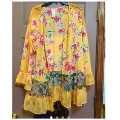 Yellow Floral Crochet Ruffle Duster Jacket Long Sleeves With Ruffle Detailing, And Crochet Detailing Down The Sleeves Ruffle Detailing On Bottom Hem Mostly Sheer Color Is Vivid Yellow With Multi Color Floral Print (Yellow, White, Red, Pink, Blue, Green, Orange) Size: One Size By Time And Tru- Bought From Kohls Never Worn No Known Flaws Like New Condition Smoke Free Home Ships In 2-7 Days-Please Read Shop Policies Before Purchasing/Rating Retailed For $25 #Boho #Jacket #Duster #Timeandtru #Outerw Casual Ruffled Summer Outerwear, Yellow Summer Outerwear For Day Out, Casual Summer Outerwear With Ruffles, Spring Yellow Floral Print Outerwear, Casual Yellow Floral Print Outerwear, Long Sleeve Summer Outerwear With Ruffles, Summer Long Sleeve Ruffled Outerwear, Yellow Bohemian Outerwear For Spring, Yellow Outerwear For Beach In Spring