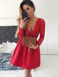 Sexy Red Lace V-neck Long Sleeve Homecoming Dress | Short Party Gown_2018 Homecoming Dresses_Special Occasion Dresses_Fashion Special Occasion Dresses & Wedding Dresses On Sale: Newarrivaldress.com Red V-neck Wedding Dress, Red V-neck Dress For Date Night, Red Long Sleeve Mini Dress For Prom, Red Fitted A-line V-neck Dress, Red V-neck Midi Dress For Party, Red V-neck Party Dress, Red V-neck Dress For Party, Elegant Red A-line V-neck Party Dress, Elegant Red V-neck Mini Dress