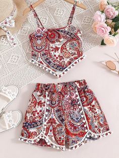 Printed Cotton Sets For Beach Season, Casual Red Beach Sets, Casual Red Sets For Beach Season, Red Sets For Summer Festival, Patterned Cotton Beach Sets, Multicolor Paisley Print Sets For Spring, Casual Cotton Festival Set, Casual Cotton Sets For Festival, Bohemian Cotton Sets For Beach Season