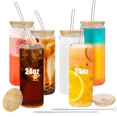 four different types of drinks with straws in them