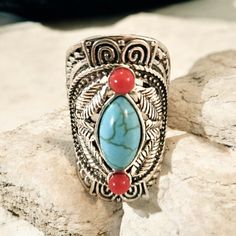 Beautiful Tibet Bohemian Ethnic Ring Is: Antique Silver Plated Size: 7 Beautiful Red And Howlite Turqouise Stone. Comes With A Small Thank You Gift! Will Be Beautifully Wrapped In A Box With Ribbon As Shown In Pictures. I Take Great Pride In What I Sell And Stand Behind Each Item. I Want My Buyers To Love What They Receive From Me. I Love Offers And To Bundle Items. Just Message Me Nickel-free Blue Turquoise Ring Bohemian Style, Multicolor Metal Bohemian Rings, Bohemian Multicolor Metal Rings, Bohemian Nickel-free Rings For Festivals, Bohemian Blue Jewelry With Metal Ring, Blue Bohemian Jewelry With Metal Ring, Bohemian Adjustable Turquoise Ring For Festivals, Adjustable Bohemian Turquoise Ring For Festivals, Bohemian Adjustable Turquoise Ring