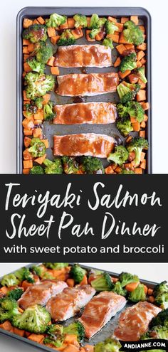 teriyaki salmon sheet pan dinner with sweet potato and broccoli on the side