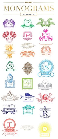 the monograms available for all types of logos and emblems are shown in different colors