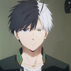 an anime character with white hair and black eyes looking at the camera while wearing glasses