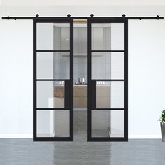 Chelsea Black Clear Glazed Double Doors with Double Sliding Track Steel Sliding Doors, Dining Room Extension, Sliding Door Room Dividers, Internal Glazed Doors, Oak French Doors, Door Frame Molding, Internal Oak Doors, Custom Garage Doors, Aluminum Windows