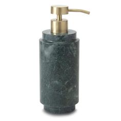 a green marble soap dispenser with gold faucet on the top