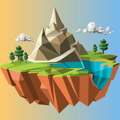 an island with trees and mountains in the sky, surrounded by low polygonal shapes