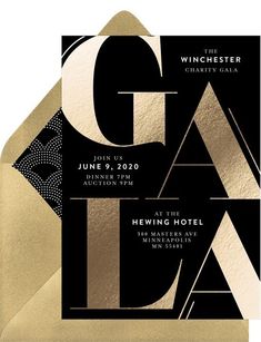 a black and gold wedding card with the word gai on it's front