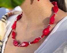 Bold but casual statement necklace with silver beading. Elegant Red Beaded Necklace With Silver Beads, Red Necklaces With Silver Beads, Red Coral Necklace, Gilbert Az, Coral Necklace, Silver Bead, Beaded Necklaces, Red Coral, Silver Beads