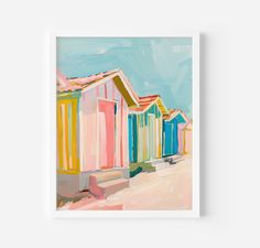 a painting of colorful beach huts in the sand