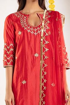 Shop for Priyaa Red Chanderi Silk Kurta Sharara Set for Women Online at Aza Fashions Vermilion Red, Kurta Sharara Set, Red Kurta, Kurta Sharara, Mirror Round, Silk Kurta, Sharara Set, Net Dupatta, Mirror Work