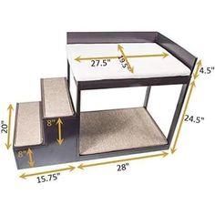 a table with three steps and measurements for the top shelf, bottom half is up