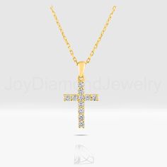 Made of 14K Gold and Diamond Stone by Joy Diamond * Made to order * Material: 14K Solid Gold (18K Available on Request) * Color Options: Yellow Gold, Rose Gold, White Gold * Stone: Natural Diamond * Diamond Cut: Round * Number of Diamonds: 11 Pieces 1.70 mm * Total Diamond Carat: 0.22 CTW * Diamond Color : F Color * Diamond Clarity: VS Clarity The classic cross design was crafted with passion and dedication, making it a perfect accessory for your faith. By wearing this beautiful necklace, express your spirituality with style and elegance.May you adorn them during your finest moments, like the radiant Joy Diamond... Make sure to hit the heart button in the upper right corner of the image to keep it in your favorites list or add it to your wishlists.😊 Just contact us for our products and al Yellow Gold Cross Pendant Necklace With Brilliant Cut, Fine Jewelry Yellow Gold Cross Pendant Necklace, 14k Gold Brilliant Cut Cross Pendant Necklace, Fine Yellow Gold Cross Pendant Necklace, Yellow Gold Brilliant Cut Cross Pendant Jewelry, Yellow Gold Diamond Cross Necklace Gift, Gold Cross Pendant With Prong Setting, Gold Cross Necklace With Prong Setting, Gold Brilliant Cut Cross Necklaces