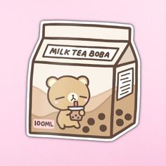 a sticker with a bear holding a cup in it's mouth and the words milk tea boba on it