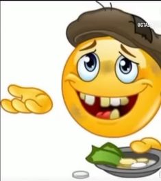 an emoticive smiley face holding a plate with food on it