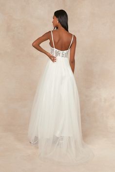 Elegant White Maxi Dress With Sheer Bodice, Ethereal Maxi Dress, Lulus Romance Dreamer, White Maxi Gown With Sheer Bodice, White Maxi Dress With Sweetheart Neckline, White Floor-length Maxi Dress With Sheer Bodice, Tulle Maxi Dress, White Embroidered Dress, Bustier Dress