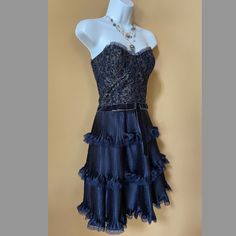 Nwt Vintage Betsey Johnson Navy Dress Party, Cocktail Ruffles, Lace Size 6 Elegant Fit And Flare Corset Dress For Night Out, Evening Fit And Flare Corset Dress, Blue Lace Party Corset Dress, Silk Midi Dress With Lace Trim For Party, Fitted Silk Corset Party Dress, Blue Lace Corset Dress For Party, Fitted Lace Trim Corset Dress For Cocktail, Evening Mini Dress With Lace Trim And Fitted Bodice, Party Dress With Lace Trim And Sweetheart Neckline