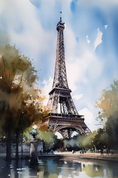 a painting of the eiffel tower in paris, france with trees and water