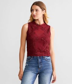 Willow & Root Floral Lace Mesh Tank Top - Red Large, Women's Burgundy Sheer high neck crochet tank Back zip detail Bust measures 34 on size small Body length 19 1/2 on size small. Layering piece(s) and/or accessories sold separately.. 92% Nylon 8% Spandex. Machine wash cold with like colors gentle cycle. Only non-chlorine bleach. Tumble dry low. Cool iron if needed.. Measurements: Bust -Fullest part of bust with arms at sides. Waist -Circumference of natural waist: above belly button below rib c Mesh Tank Top, Crochet Tank, Layering Pieces, Floral Lace, Apparel Accessories, Tank Tops Women, Summer Fashion, Womens Shorts, Tank Tops