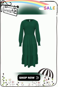 Green Crew Neck Smocked Swing Midi Dress Green Casual Smocked Dress For Fall, Green Smocked Long Sleeve Dress For Fall, Casual Solid Smocked Midi Dress, Casual Solid Color Smocked Midi Dress, Green Long Sleeve Smocked Dress For Fall, Casual Solid Smock Midi Dress, Solid Smocked Long Sleeve Dress, Solid Color Long Sleeve Smocked Dress With Smocked Cuffs, Casual Long Sleeve Smocked Maxi Dress