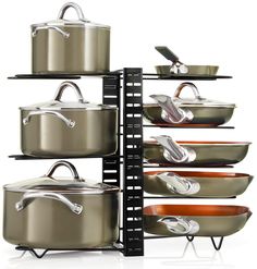 a rack with pots and pans on it