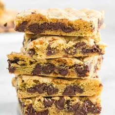 chocolate chip cookie bars stacked on top of each other