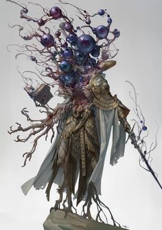 a statue with many different items on it's head and body, including branches