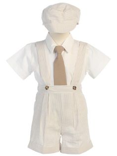 DapperLads - 4 Pc Seersucker Suspender Shorts Set - Khaki - Infant / Baby Boy - infant size boys clothing, clothes for infants and baby boys Seersucker Shorts Outfit, Pink Shorts Outfit, Spring Baby Clothes, White Oxford Shirt, Suspender Shorts, Boys Easter Outfit, Suspenders For Boys, Boys Vest, Christening Outfit