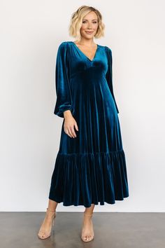 Erika Velvet Maxi Dress | Sapphire - Baltic Born Sukienki Plus Size, Velvet Sleeve, Velvet Maxi Dress, Midi Ruffle Dress, Daily Dress, Long Sleeve Midi, Green Velvet, Looks Vintage, Velvet Dress