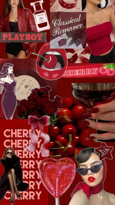 a collage of photos with red and black accessories, including lipstick, perfume bottles, roses, hearts, and other items