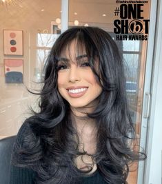 💋 Lots Of Layered Hair, Latina Layered Hair, Bangs With Volume, Whispy Front Bangs Black Hair, Bangs Hairstyles For Round Faces, Layers For Medium Length Hair Bangs, Long Hair Layers And Bangs, Black Hair Layers Medium With Bangs, Bangs For Large Forehead