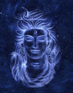 an image of the face of buddha with stars in the sky behind it and blue hues