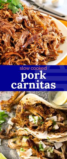 slow cooked pork carnitass on a white plate