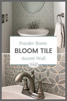 image of an accent wall with light gray and satin silver two-tone bloom tile behind a free-standing white oval sink in a powder room Powder Room Tile Wall, Room Tiles Wall, Powder Room Accent Wall, Powder Room Tile, Elegant Powder Room, Tile Accent Wall, Powder Room Remodel, Handmade Tile, Classic Interior Design