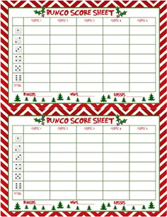 two red and white christmas themed printables with the words fun score sheet on them