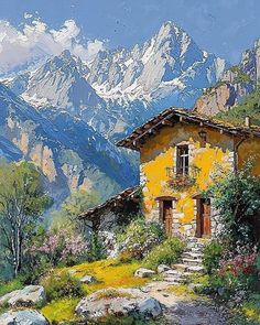 a painting of a yellow house with mountains in the background and flowers growing on it