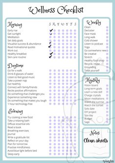 Wellness Checklist, Daily Checklist, Holistic Care, Self Care Bullet Journal, Monthly Goals, Planner Pdf, Learn A New Skill, Cleaning Checklist, Spa Kit