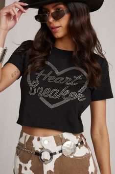 Heartbreaker Black Rhinestone Graphic Tee Y2k Crew Neck T-shirt For Night Out, Trendy Black T-shirt With Heart Print, Black Rhinestone T-shirt For Streetwear, Trendy Black Tops With Rhinestones, Trendy Black Top With Rhinestones, Edgy Letter Print T-shirt For Night Out, Rhinestone Crew Neck Tops For Streetwear, Streetwear Crew Neck Tops With Rhinestones, Crew Neck Rhinestone Tops For Streetwear