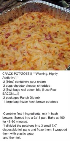 the recipe for baked potato casserole is shown in an image above it's description