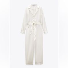 Nwt Zara Satin Jumpsuit With Belt, Cream Color, Size Small Brand New With Tags, Sold Out Style! Long Sleeve Jumpsuit With V-Neck Lapel Collar. Self Belt. Wide Leg. Front Zip, Metal Hook And Tonal Lined Button Closure. White Long-sleeve Summer Pantsuit, White Long Sleeve Summer Pantsuit, White Long Sleeve Pantsuit For Summer, White Overall Jumpsuits And Rompers For Loungewear, Elegant Long Sleeve Jumpsuits And Rompers By Zara, White Long Sleeve Jumpsuits And Rompers For Work, White Long Sleeve Jumpsuit For Work, Spring White Overall Pantsuit, White Overall Pantsuit For Spring