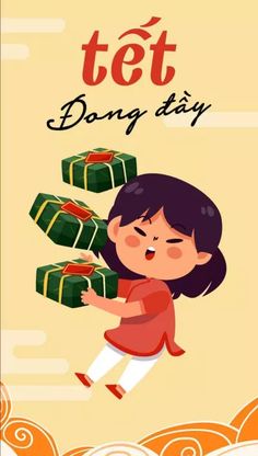 a cartoon girl is flying with presents in her hand and the words tet dong day written on it