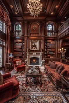 a living room filled with lots of furniture and a chandelier hanging from the ceiling