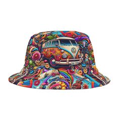 Originally designed to protect fishermen from rain in the 1900s, the personalized bucket hat is now a top fashion pick for all ages. Customize your hat with unique designs and patterns, turning a classic item into a modern wardrobe staple. Made from 100% polyester, this hat is available in two sizes with two stitching color options to choose from. It features a sewn-in label and is proudly made in the USA. Retro Bucket Hat With Curved Brim For Festivals, Retro Festival Bucket Hat With Curved Brim, Fun Festival Bucket Hat With Curved Brim, Retro Curved Brim Bucket Hat For Festivals, Retro Adjustable Bucket Hat For Summer, Retro Multicolor Bucket Hat With Curved Brim, Adjustable Retro Bucket Hat For Summer, Retro Spring Festival Bucket Hat, Retro Wide Brim Bucket Hat